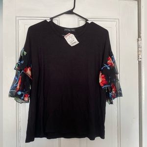 Embroidered Sleeve Black Top